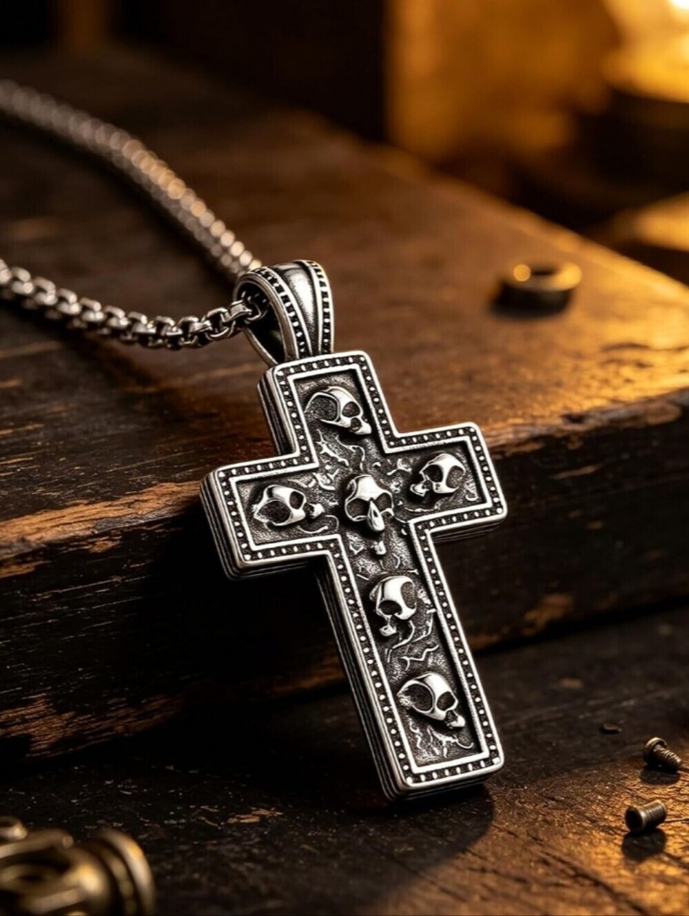 Silver Skull Cross Pendant Necklace